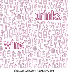 Wine and drinks seamless vector pattern. line art Wine bottle and wine glass vector illustration. Drink wine bar tile background