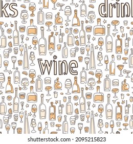 Wine and drinks seamless vector pattern. line art Wine bottle and wine glass vector illustration. Drink wine bar tile background