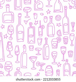 Wine and drinks seamless vector pattern. line art Wine bottle and wine glass vector illustration. Drink wine bar tile background