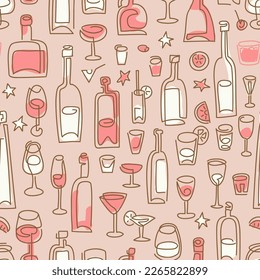 Wine and drinks seamless vector pattern. line art Wine bottle and wine glass vector illustration. Drink wine bar tile background