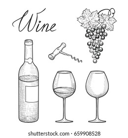Wine drinks set.  Wine glass, bottle, grape leaf, lettering. Cafe menu. Wine card retro background.  Vineyard engraving