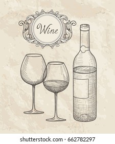 Wine drinks set.  Wine glass, bottle, lettering. Cafe menu. Wine card retro background. 
