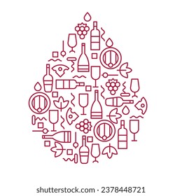 Wine drop in creative modern minimal style isolated on white background. Silhouette elegant object from small simple line elements. Abstract flat vector illustration.