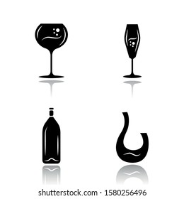 Wine drop shadow black glyph icons set. Different types of wineglasses. Decanter, bottle. Aperitif drink, party cocktail, bar alcohol beverage. Isolated vector illustrations