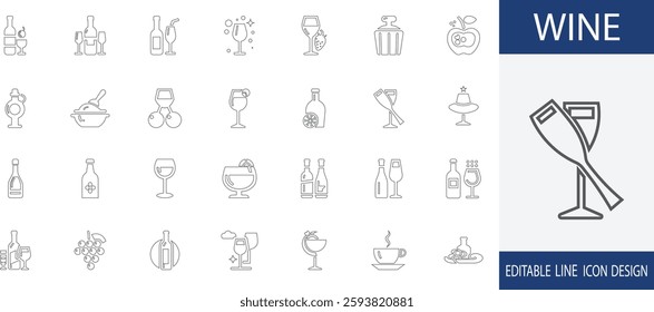 Wine editable line icon collection set. vintage, cellar,  aroma, bottle, glass, earthy, deep and more extra filled icons collection