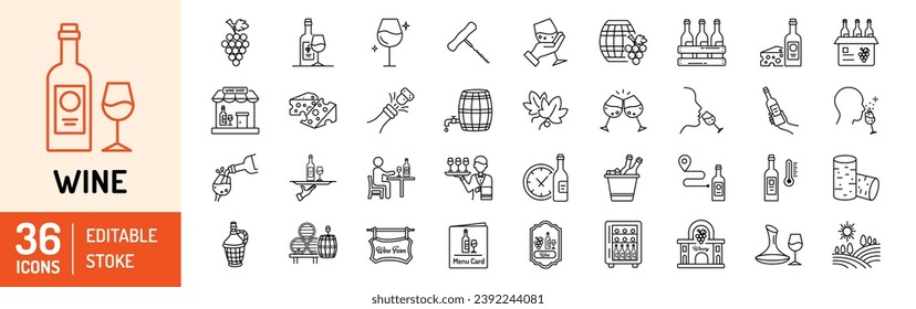 Esbozo del trazo editable del vino Iconos conjunto. Uva, botella, vidrio, bodega, cordero, viñedos, barril, viticultor, queso y sumiller. Ilustración del vector