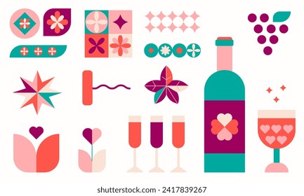Weinelemente geometrischer Stil.Gut für die Marke, Dekoration des Weinpakets, Deckendesign, dekorative Drucke.Weinprobe Konzept. Vektorgrafik EPS10.