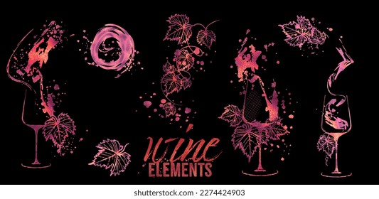 Wine Elements - wine glasses and bottles. Hand drawn elements for invitation cards, advertising banners, menus in red style. Wine glasses with splashing wine. Sketch vector illustration.