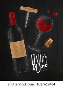 Wine elements illustrated bottle, glass, cork, corkscrew lettering happy drawing in vintage style on chalkboard background.