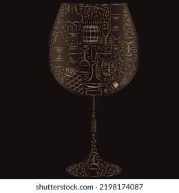 Wine elements placed in shape of wineglass. Gradient wine glass with collection of elements including bottle, glasses, carafe, wine stopper, cork, cheese, corkscrew