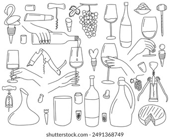 Wine elements vector sketches set. Hand drawn wineglasses and hands with wine, wine bottles and corks set