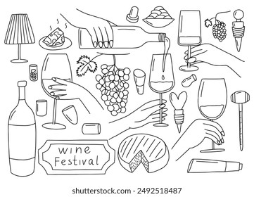 Wine elements vector sketches set. Hand drawn wineglasses and hands with wine, wine bottles and corks set