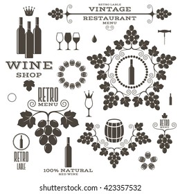 Wine emblem vintage style. Vector illustration EPS. Isolated wine grape barrel bottle and glass on white background. Vintage style logo