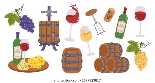 Los Amantes Del Vino Se Encantan De Los Lujosos Lugares De Interés Con Vinos De Lujo, Barriles, Gafas Elegantes Y Parejas Gourmet. Uvas, Desplumadas En Su Pico, Colección De Iconos De Viñetería. Ilustración del vector de dibujos animados