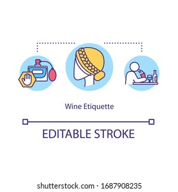 Wine etiquette concept icon. Manners to attend restaurant. Proper dresscode for winetasting event idea thin line illustration. Vector isolated outline RGB color drawing. Editable stroke