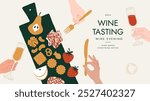 Wine event horizontal design template. Hands with glasses and charcuterie board. Vector illustration