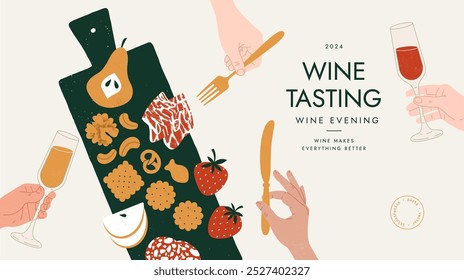 Plantilla de diseño Horizontal de evento de vino. Manos con vasos y tablero de charcutería. Ilustración vectorial