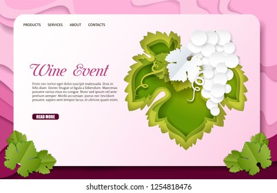 Wine event landing page website template. Vector paper cut bunch of white grapes with green leaf. Wine tasting events concept.