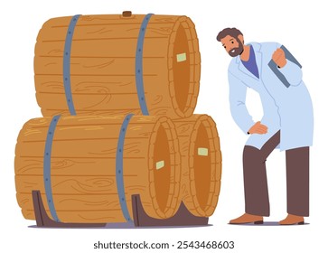 Wine Expert In A Lab Coat Inspects Large Wooden Barrels In A Winery, Examining The Aging Process. The Barrels Are Stacked On A Wooden Rack, Showcasing Traditional Winemaking Techniques