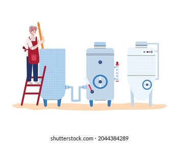 Wine factory employee watching on process of wine fermentation and production, flat vector illustration isolated on white background. Wine production equipment.