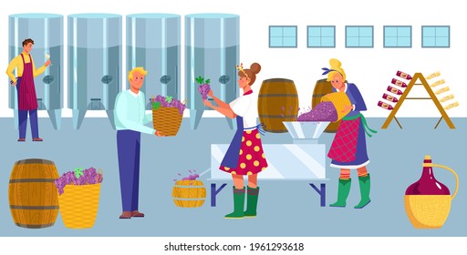 Wine factory production process, work winemaker character, woman and man hold basket grapes flat vector illustration, hangar place.