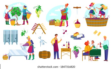 Wine factory production vector illustration set. Cartoon flat winemaker characters work in harvesting grapes, pressing, produce wine product in winery, traditional winemaking process isolated on white