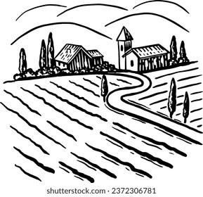 Wine farm, vector handdrawn illustration. Аield with houses.