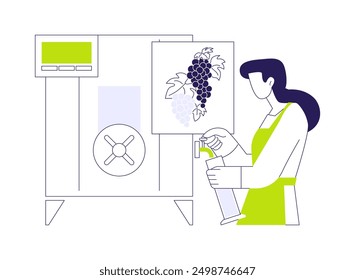 Fermentación de vino en Ilustración vectorial abstracta de acero inoxidable. El trabajador se ocupa de la fermentación del vino, convierte los azúcares de la uva en alcohol, metáfora abstracta de la industria de producción de bebidas.