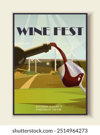 Cartel del Festival del Vino. Botella de vino con copa. Bebida alcohólica y bebida. Viñedo y vinificación, bodega. Folleto y folleto. Ilustración vectorial plana aislada sobre fondo beige