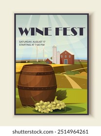 Cartel del Festival del Vino. Barril de madera cerca de la uva. Bebida alcohólica y bebida. Viñedo y vinificación, bodega. Folleto o portada. Ilustración vectorial plana aislada sobre fondo beige