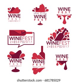 Wine Fest, Red Wine Bottles And Glasses, Logo, Emblems, Labels