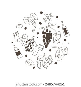 Wine festival event circular emblem. Bottles and grapevines round badge. Vector hand drawn doodle collection illustration isolated on white background.