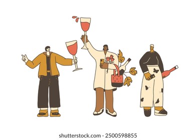 Wine festival. Friends meeting with beverage. Cute characters with wineglasses. Vector hand drawn illustration isolated on white background.