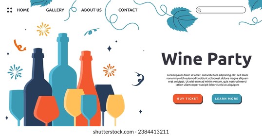 Wine festival landing page. Colorful bottles and glasses. Alcoholic drinks and beverages. Holiday and festival. Production of alcohol. Template and layout. Cartoon flat vector illustration