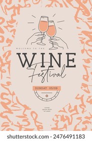 Wine festival party poster with abstract texture and wine glasses. Line art vector illustration