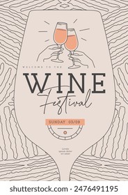 Wine festival party poster with abstract texture and wine glasses. Line art vector illustration