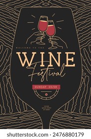 Cartel de la fiesta del festival del vino con textura abstracta y copas de vino. Ilustración vectorial de arte lineal