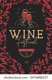 Wine festival party poster with abstract texture and wine glasses. Line art vector illustration