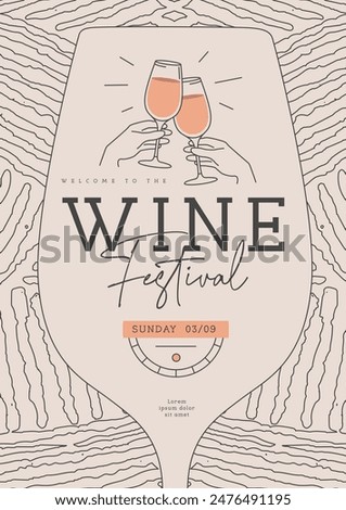 Wine festival party poster with abstract texture and wine glasses. Line art vector illustration