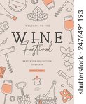 Wine festival party poster with wine attributes. Line art vector illustration