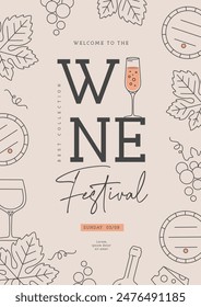 Wine festival party poster with wine attributes. Line art vector illustration