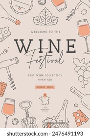 Cartel de la fiesta del festival del vino con atributos de vino. Ilustración vectorial de arte lineal