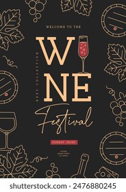 Weinfest Party Poster mit Weinattributen. Line Art-Vektorillustration