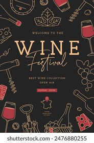 Cartel de la fiesta del festival del vino con atributos de vino. Ilustración vectorial de arte lineal