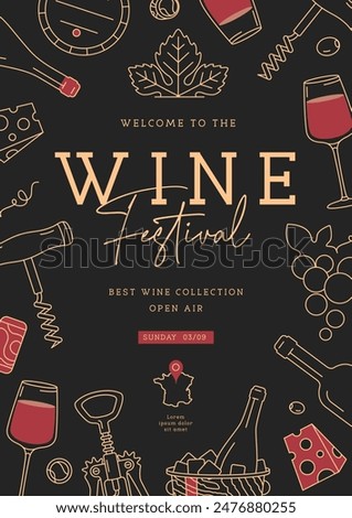 Wine festival party poster with wine attributes. Line art vector illustration