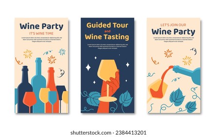 Wine festival posters set. Colorful botles with glasses. Alcohol and beverage, alcoholic drinks. Cover or story for website. Cartoon flat vector collection isolated on white background