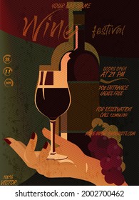 Wine festival promotional poster or invitation flyer. For poster, promotional leaflet, invitation, banner or magazine cover. Wine glass, woman hand, grapes, stylized wine bottle. Vector EPS 10