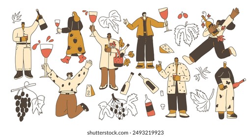 Wine Festival Set. People with wineglasses and bottles kit. Cute characters with alcohol beverage. Vector hand drawn collection illustration isolated on white background.