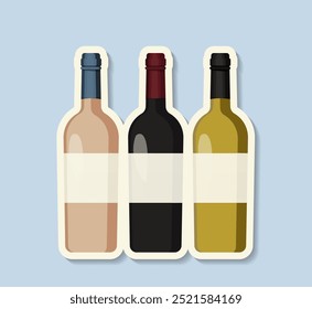 Etiqueta engomada del festival del vino. Botellas de vino. Bodega y vinificación, viñedo. Bebidas alcohólicas. Plantilla y maquetación. Ilustración vectorial plana aislada sobre fondo azul