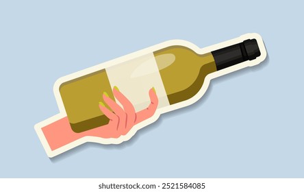 Etiqueta engomada del festival del vino. Mano con botella de vino. Bodega y vinificación, viñedo. Bebidas alcohólicas. Cartel o Anuncio. Ilustración vectorial plana aislada sobre fondo azul